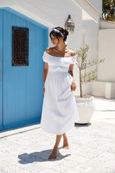 Beach Bonfire Off Shoulder Midi Dress White