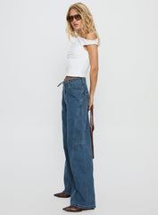 Bruiser Tie Waist Mid Rise Wide Leg Jeans Mid Blue Wash