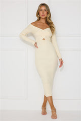 Icy Chill Off Shoulder Ribbed Midi Dress Cream