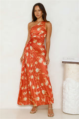 Golden Touch Satin One Shoulder Maxi Dress Rust