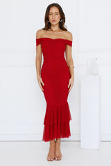 Tanisha Off Shoulder Mesh Midi Dress Maroon
