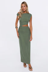 Style Archive Off Shoulder Mesh Maxi Dress Olive