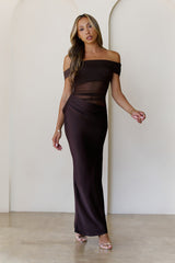 Veiled Whispers Off Shoulder Maxi Dress Brown