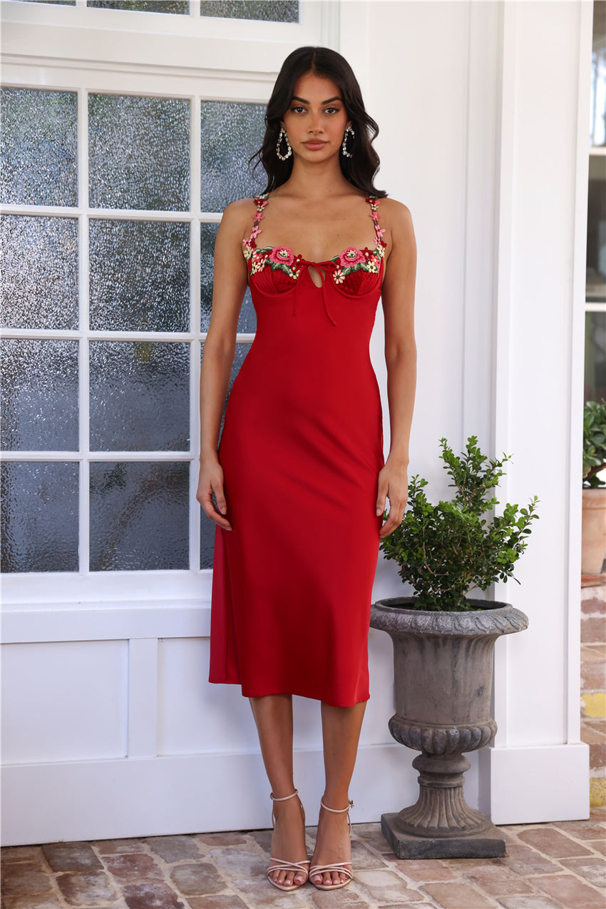 Blooming Relationship Satin Midi Dress Red