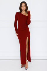 Style Diaries Off Shoulder Long Sleeve Maxi Dress Burgundy