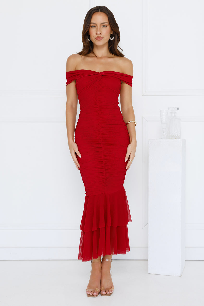 Tanisha Off Shoulder Mesh Midi Dress Maroon